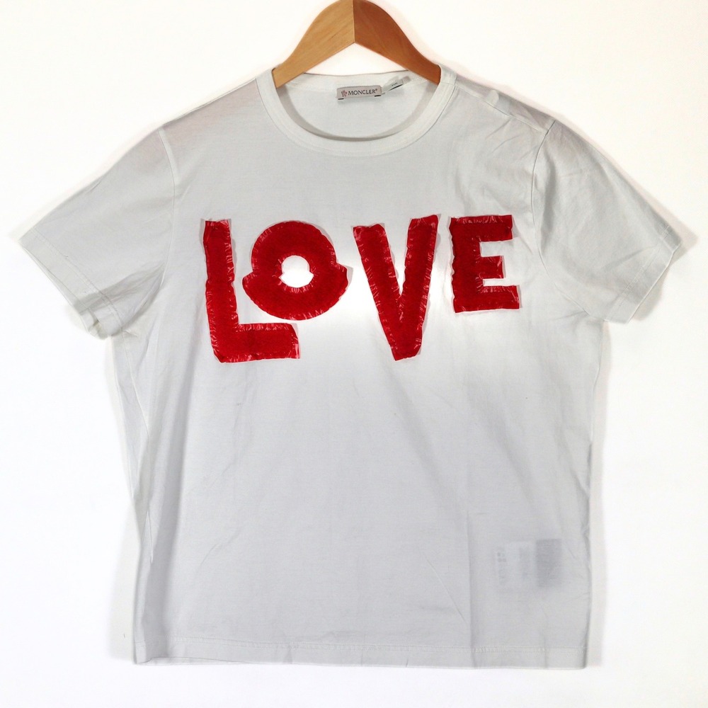 Moncler T-Shirt Women Medium White LOVE Boucle Logo Patch Casual Luxury Tee